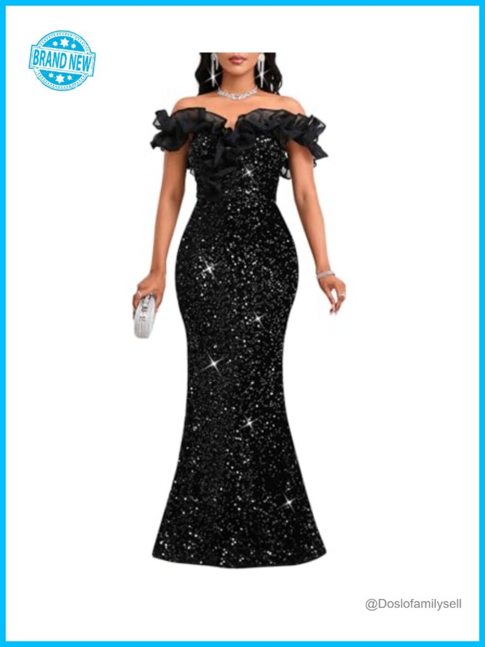 Sequin Off Shoulder Ruffle Mermaid Formal Evening Gown Dress